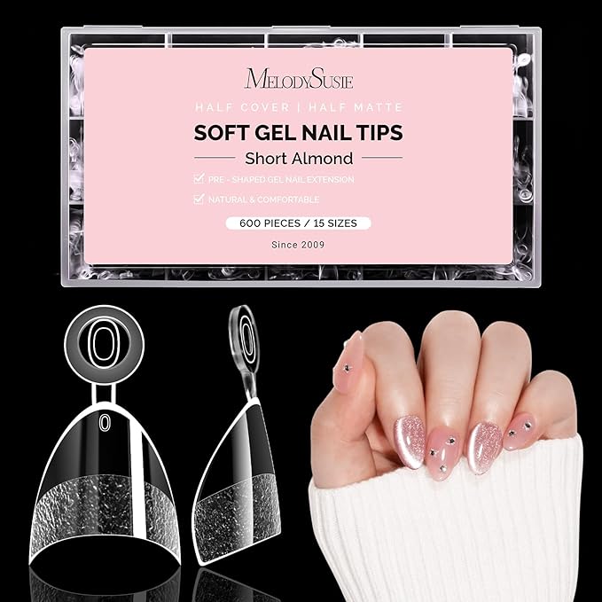 MelodySusie Half Cover Short Almond X Nail Tips - 600Pcs 15 Sizes Clear Acrylic, Half Matte Press on Nails for DIY Extension & Salon Use, Pre-Shaped for Long-Lasting Manicure