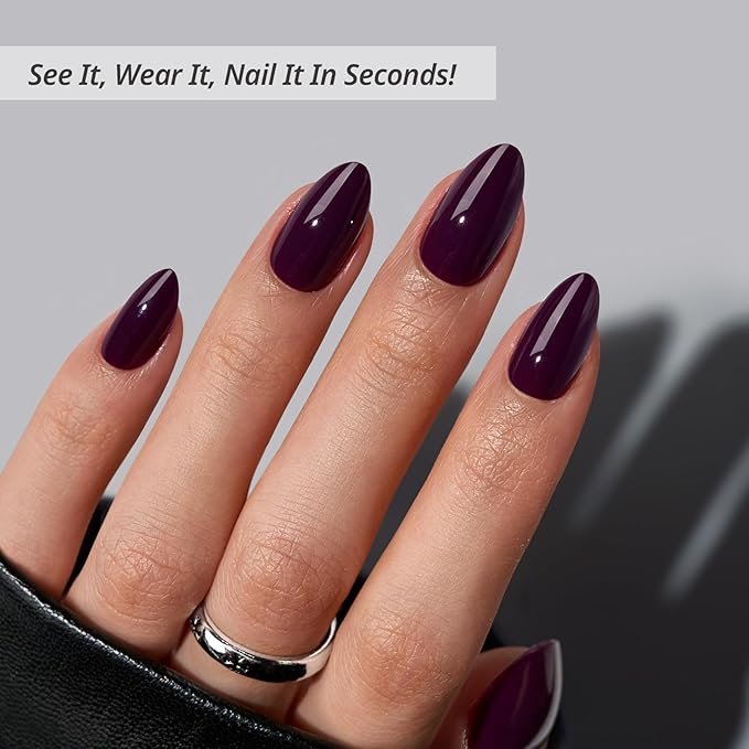 BTArtbox Press On Nails Short - Poison Potion, Dark Purple Almond Press On Nails with Glue for Women, Winter Opaque Soft Gel Glue On Nails in 16 Sizes - 32 Stick On Nails Kit
