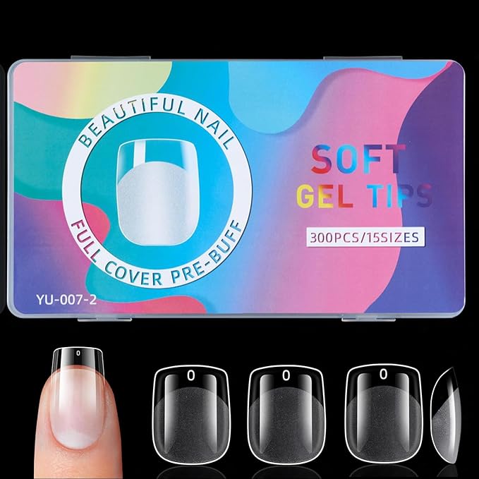 MissCheering Short Square Nail Tips, 300pcs 15 Sizes Classic French Style, Square Press On Nails with Rounded Edges for Sensitive Skin, Teen Girls, Acrylic Nail Alternative, Easy to Apply Starter Set