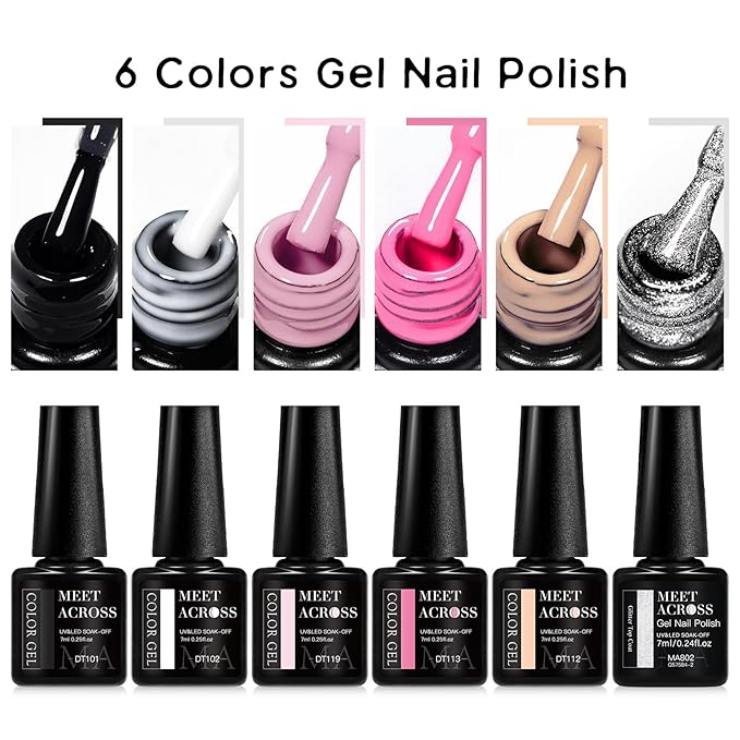 MEET ACROSS 6Pcs Gel Nail Polish with Glitter Gel Top Coat, Nude Pink Neutral Color Skin Tone Soak Off UV/LED Gel Polish Manicure Gift For Women 5 Colors