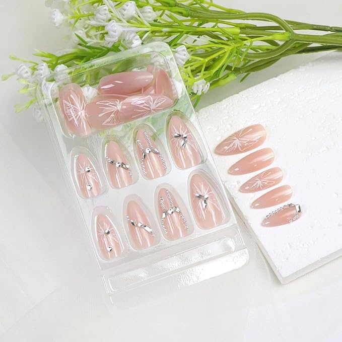 Almond Press on Nails Medium Fake Nails Nude Pink Nails Press ons with 3D Rhinestones Silver Pearl Designs Acrylic Nail Glossy Stick on Nail for Women 24 Pcs