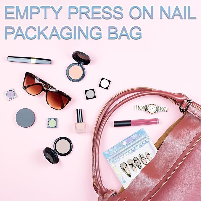 100 PCS Press On Nails Packaging Bag Holographic Nail Storage Bag and 100PCS Shiny White Pearl Card with 7 Sheets Pre-cut Nail Tape for Fasle Nail packaging Home Salon Business Use (Laser)