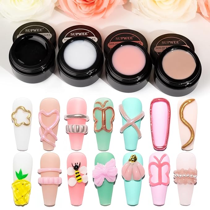 Solid Builder Gel for Nail Extension Non Stick Hand Scupture Hard Gel with Dual Form Nail Brush Tool for Home DIY Manicure 7 Colors 14g(0.49 oz)