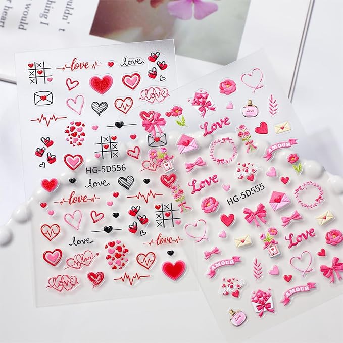 2Sheets 5D Valentines Nail Art Stickers Embossed Love Letter Rose Flower Design Cute Nail Decals Romantic Heart Nail Stickers Self Adhesive Wedding Nail Art Supplies Accessories for Women Manicure