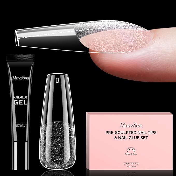 MelodySusie Long Coffin Gel Nail Tips Kit-300Pcs Pre-Building Apex Fake Nail Tips 20g Solid Nail Glue Gel,Half Matte Full Cover Clear Acrylic Nail,15Sizes Thick Strong Long Lasting for Home DIY&Salon