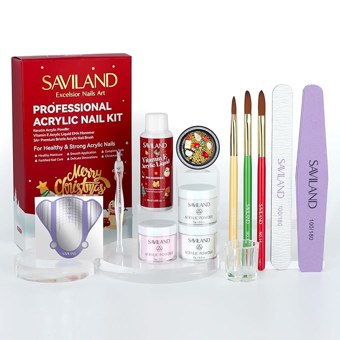SAVILAND Acrylic Nail Kit : Christmas Nails Kit Acrylic Set EMA Monomer Brush for Long Lasting Nails DIY at Home Beginner Friendly Christmas Gift Set