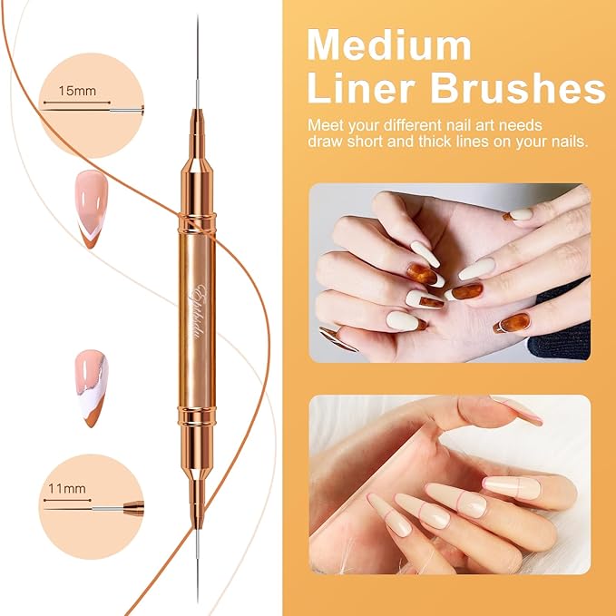 Nail Art Brushes, Double Ended 5PCS Rose Gold Striping Brush Nail Art Liner Brushes Nail Design Brushes for Long Lines, Tiny Details, Nail Brushes for Nail Art, Sizes 5/7/9/10/11/15/20/22/25/30
