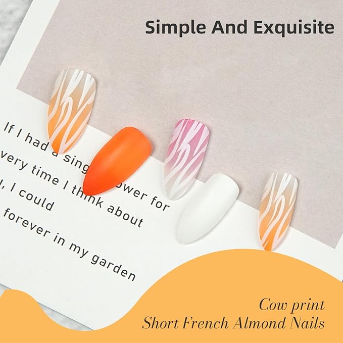 Abstract Marble Press-On Nails (Orange/Pink/White), Matte-Gloss Almond Shape, Reusable Fake Nails Set