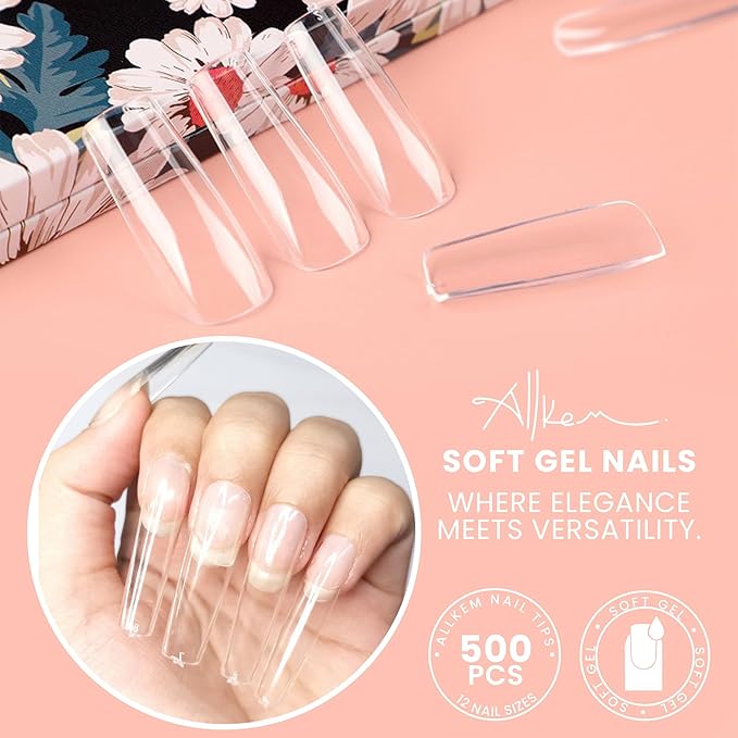 Allkem Soft Gel Nail Tips - XL Square Nail Extensions with Refill Bag - 12 Sizes Extra Long Full Cover Nails - Clear (500 Pieces)