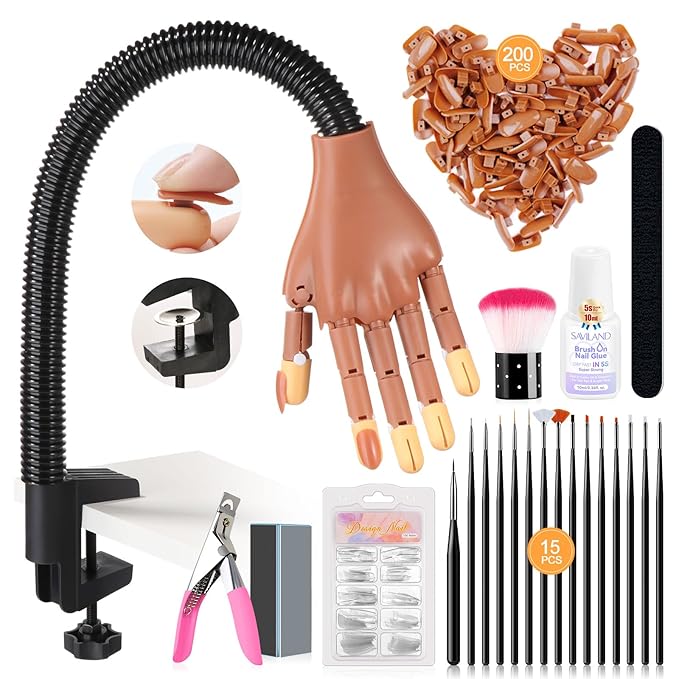 Saviland Advanced Practice Hand for Acrylic Nails: 2025 Upgraded Anti-Slip Nail Practice Hand Flexible Nail Tech Supplies 200Pcs Nail Tips Nail Glue Clipper Manicure Trainng Hand Nail Kit for Beginner