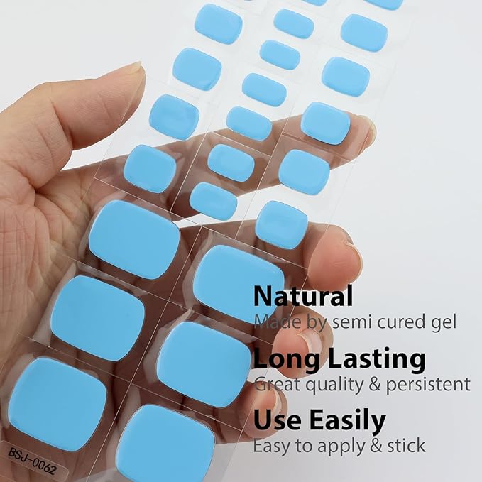 26 Pcs Semi Cured Gel Toe Nail Strips Blue Solid Gel Nail Stickers Full Cover Blue Nails Wraps Self Adhesive Toe Nails Polish Strips Stickers for Women UV/LED Light Required