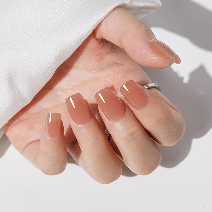 Press on Nails - Findigit Press on Nail Short, Supremely Fit Natural Stick On Nails,Soft Gel Fake Nails in 16 Sizes - 32 PCS Glue On Nail Kit, Caramel