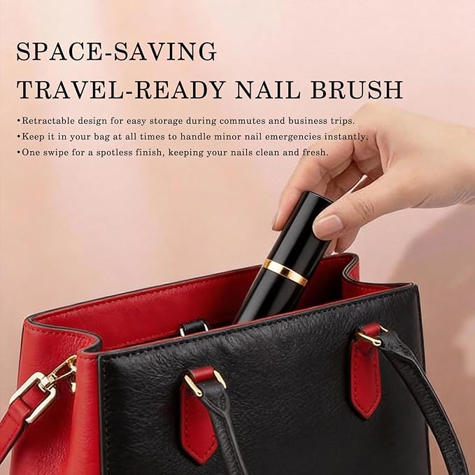 WOKOTO 2 PCS 2-in-1 Retractable Brushes - Nail Art Dust Remover for Acrylic Nails, Round & Angled Makeup Brushes for Foundation & Cream, Black Handle Dust Brush, Travel-Friendly Aluminum Tube