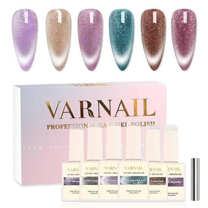 VARNAIL Dreamland Cat Eye Gel Polish Set 6 Colors, 15ML Glitter Aurora Gel Polish with Magnet, Soak off UV Light Salon Quality Magnetic UV Nail Polish