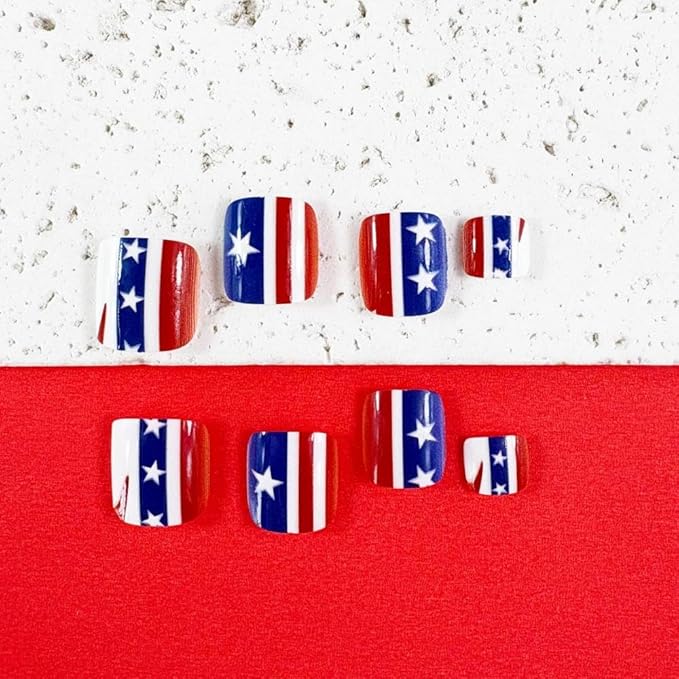 4th of July Press on Toenails Short Square Fake Toenails with Red Blue USA Flag Design White Star Glue on Toenails Glossy Summer Toenail Independence Day False Toenail for Women Girls Manicure 24Pcs