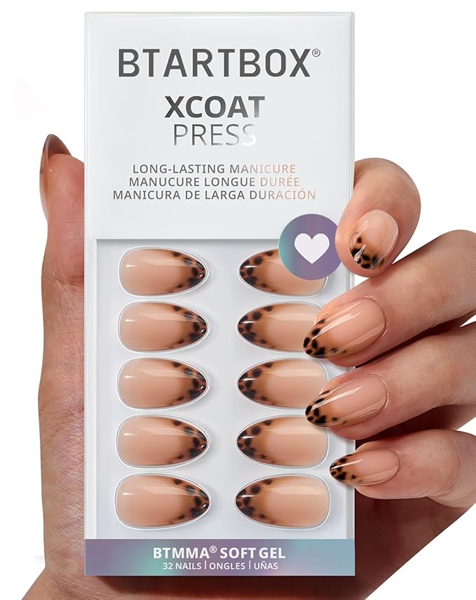 BTArtbox Press On Nails Almond - Espresso Leopard, Lamp-Curable Short French Tip Press On Nails with Glue and Adhesive Tabs for Women, Soft Gel Glue On Nails in 16 Sizes - 32 Stick On Nails Kit