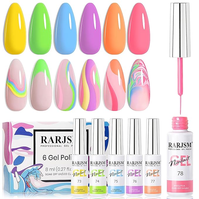 RARJSM Nail Art Liner Gel Polish 6pcs Set Marshmallow Pastel Yellow Green Blue Purple Orange Pink Spring Summer Colors Line Gel Painting for Nail Design Bulid in Thin Brush Curing Requires 8ml