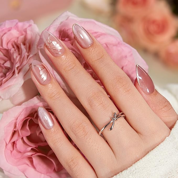 VSALON Press On Nails Short Almond - Pink Cat Eye Semi-Transparent Metallic Butterfly Design Fake Nails, Reusable Soft Gel Glue on Nails with Glue & Cuticle Oil - Valentines Gifts for Women