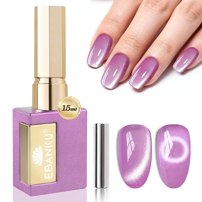 EBANKU Purple Cat Eye Gel Nail Polish, Cat Eye Gel Polish with Magnet 15ML 0.5 OZ Holographic Glitter Shimmer Translucent Jelly Color Magnetic Polish Salon DIY at Home