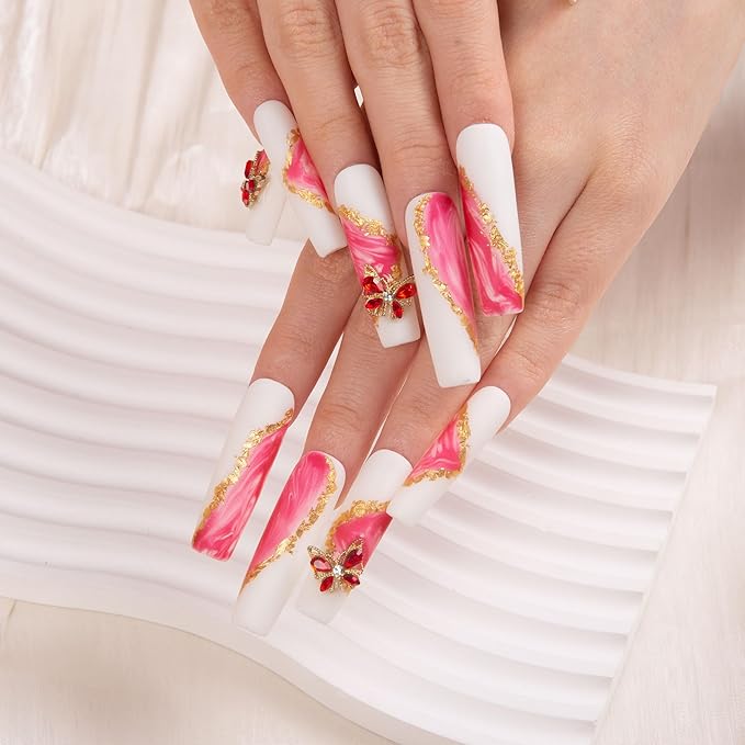 LOVFUL Press on Nails Into The Pink| Handmade with Full Covered Crystals| Reusable Fake Nails| Square Mid length 1.7in| H243-S