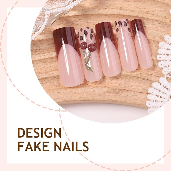 Long Press on Nails Square Fake Nails Red Acrylic Nail Press ons SEENEEY Cherry Leopard Stick on Nail for Women 24pcs