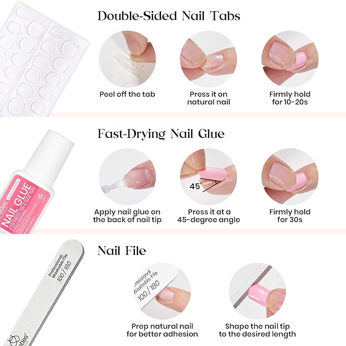 Beetles Press On Nails Kit - Creamy Drizzle | 720Pcs 24 Colors Short Square Press On Nails | 15 Sizes French Glossy Glitter Jelly With Nail Glue & Nail Tabs Stickers, Fake Nails Kit Art For Women