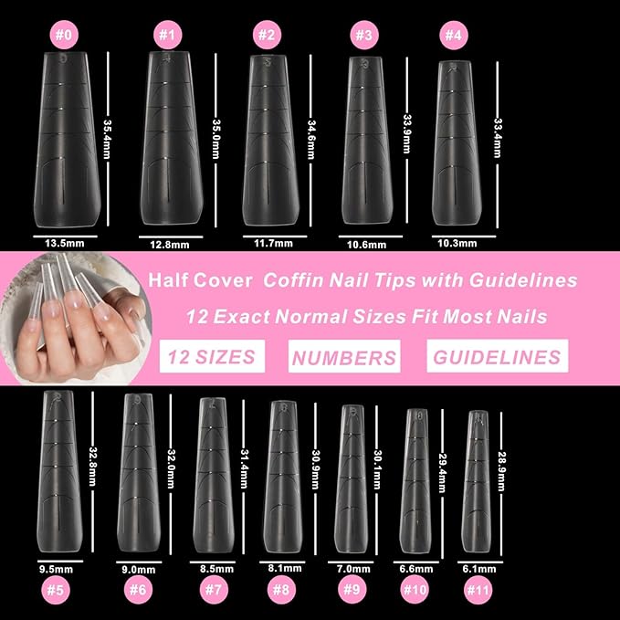 Gel X nail Tips and Glue Gel Kit, 420 Pcs Coffin Nail Tips with Guidelines, Multiple Shape and Length almond Nail Tip Kit Square with Mini UV Nail Lamp, 12 Sizes Fake Nail Tip Kit for Nail Extension