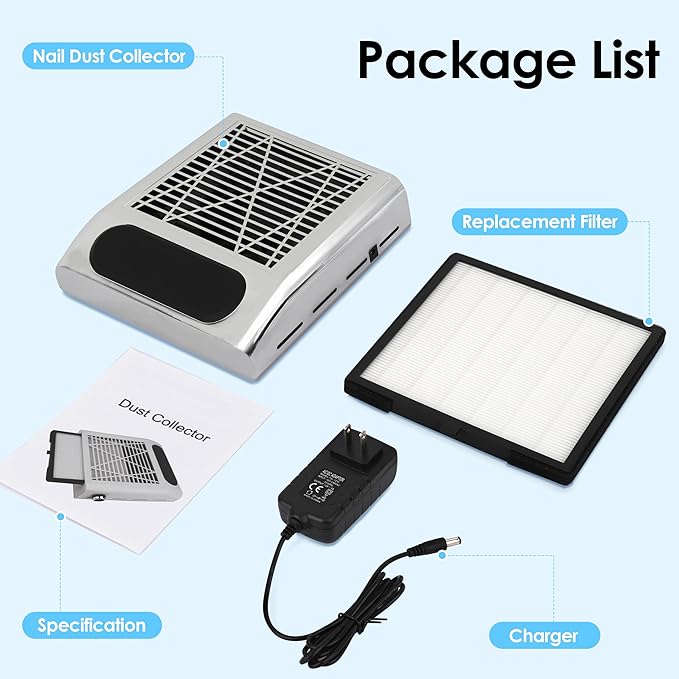 Nail Dust Collector Vacuum Machine, Cofashion 80W Nail Dust Vacuum Powerful NailVacuum for Acrylic Nail Polygel Nail Filter Replaceable Use for Salon & Home, Silver