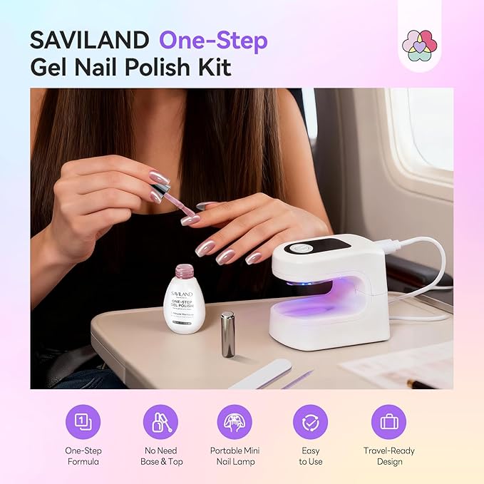 SAVILAND One-Step Gel Nail Polish Kit: Lilac Haze 5-In-1 Cat Eye Gel Polish with U V LED Nail Lamp Magnet, Color & Base & Top In One Bottle Glassy Cateye Effect For Home DIY Art 15ML Gift