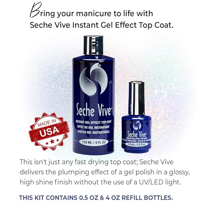 Seche Vive Professional Kit, Instant Gel Effect Top Coat for Nail Polish, 4 oz & 0.5 oz Refill