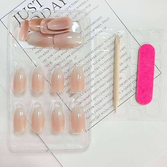 Ombre Press on Nails Medium Coffin Fake Nails Pink Gradient False Nails with Glitter Designs Glossy Glue on Nail Bling Shiny Full Cover Acrylic Stick on Nail for Women Manicure 24Pcs
