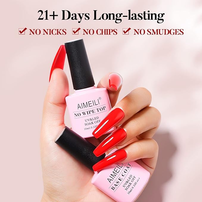 AIMEILI Hot Pink Neon Gel Nail Polish, and No Wipe Top and Base Coat Set
