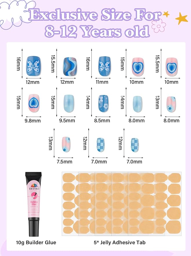 130 Pieces Press on Nails for Kids, EBANKU 5 Pack Kid Fake Nail Kit Old Cute Flower Mermaid Butterfly Heart Press on Nails for Girls 8-12 Years with Jelly Nail Adhesives & Nail Builder Glue