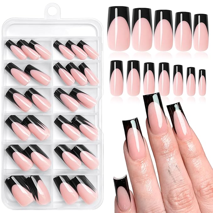 120PC Black French Tip Press on Nails Medium Fake Nails Press ons with 5*Adhesive Tabs, Pink Square Acrylic Nail Press on Nail French Tip Nails False Artificial Fingernails Stick on Nails-N