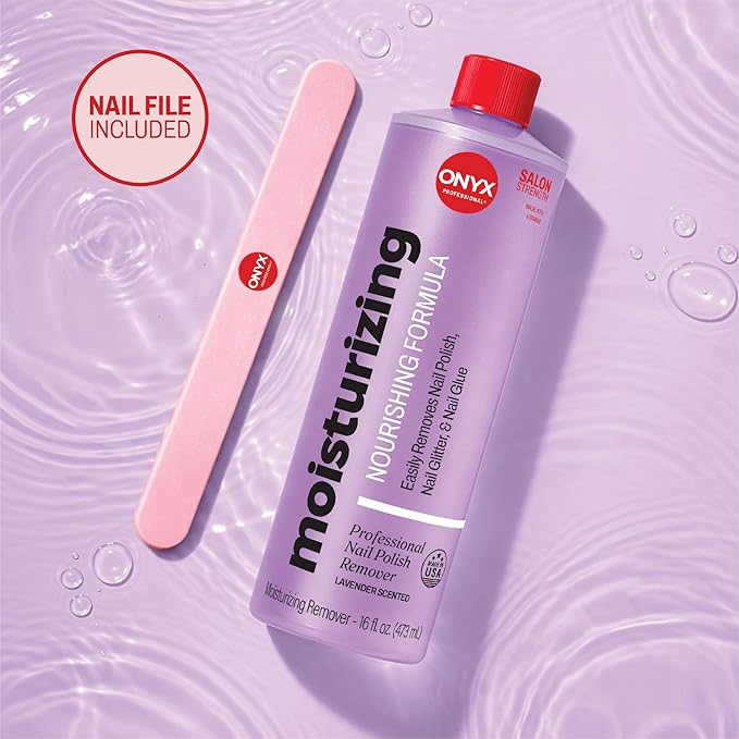 Onyx Professional Nail Polish Remover Kit with 7 inch Nail File, Lavender Scent, Made in USA, 16 fl oz - Moisturizing Formula Gel Polish Remover, Acetone-based, Enhanced with Vitamin E, Grape Seed Oil