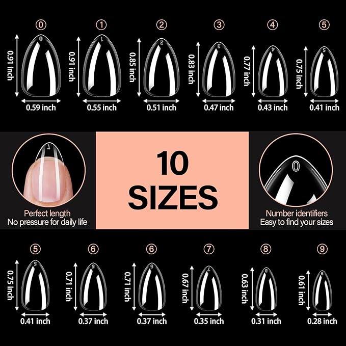AILLSA Short Stiletto Nail Tips 504PCS Clear Full Cover Soft Nail Tips Gel Fake Nails Tips Preshaped Press on False Gelly Tips for Nail Extension DIY Home Salon Gift, 10 Sizes