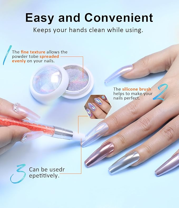 8Pcs Chrome Nail Powder BISHENGYF: Rose Gold Super Mirror Effect Nail Chrome Powder White Pearl Chrome Nail Powder with 1Pcs Silicone Nail Brush for Gel Nails DIY Gift for Women