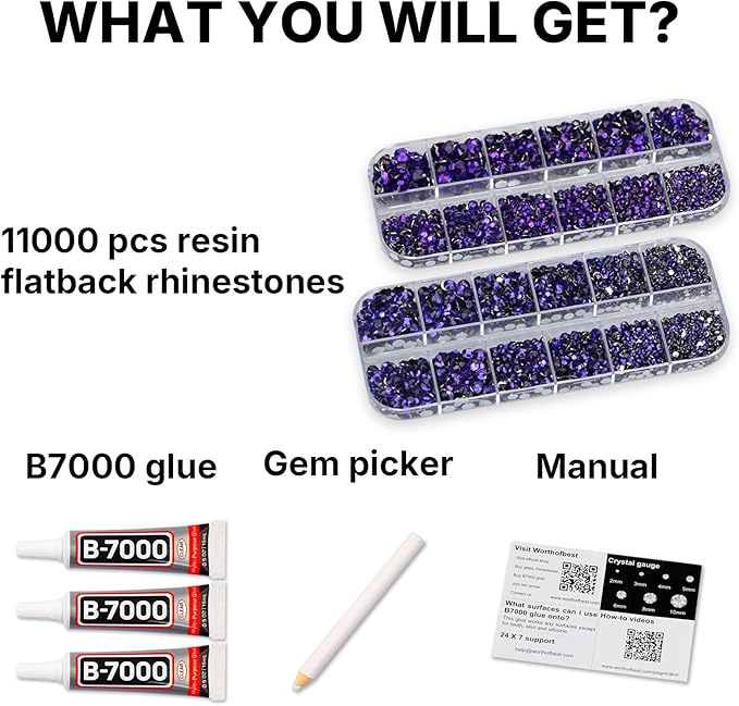 11000Pcs Purple 2/3/4/5mm Flatback Rhinestones with Glue for Bedazzling Crafting Clothing Clothes Crafts Shoes Nail Art, Dark Purple Resin Flat Back Gems Crystals Diamonds Gemstones Jewels Stones Kit