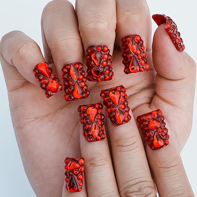 Red Chrome Press on Nails Short Duck, Full Rhinestones Red Heart Fake Nails 3D Luxury Acrylic Duck Nails Thickened False Nails (Crimson Glimmer Enchant,M)