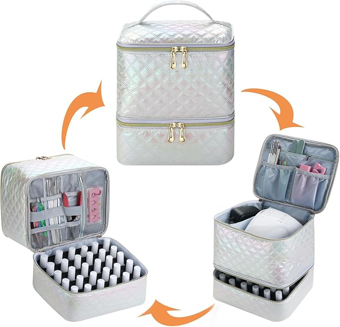 Nail Polish Organizer and Nail Lamp Case, Nail Kit Organizer Holds 30 Bottles (15ml - 0.5 fl.oz) and a Nail Lamp, Nail Polish Carrying Case with Manicure Tools Storage Sections (White)