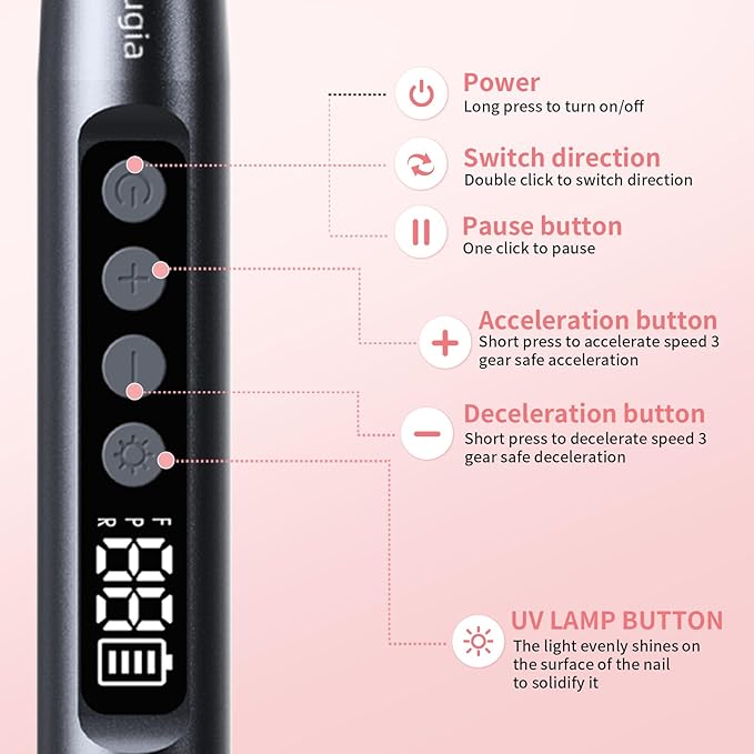 Professional Cordless Nail Drill and UV Light, 35000 RPM Electric Nail Nail Tools, Portable Rechargeable brushless Nail Drill for Home & Travel, Gray(KY-9GJ)