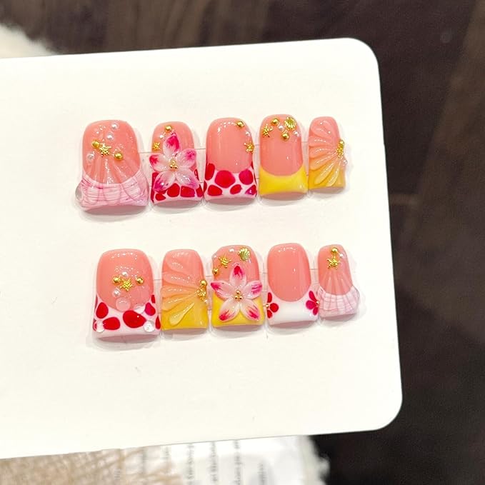 Handmade Nails Duckbill Shape Sweet Delicate Style Peach Pink Base Gold Accents 3D Floral Gradient Pattern Pearl & Star Decor Glossy Surface Manicure Wear Press on Nails 10 pcs (M)
