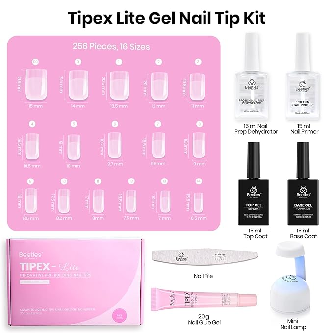 Beetles Tipex Lite Nail Tips Kit with Dehydrator & Primer, Short Square Full Cover Clear Nails 256PCS 16 Sizes, Mini UV Lamp, 20g Solid Nail Glue, Base & Top Coat, All-in-One Nail Starter Kit