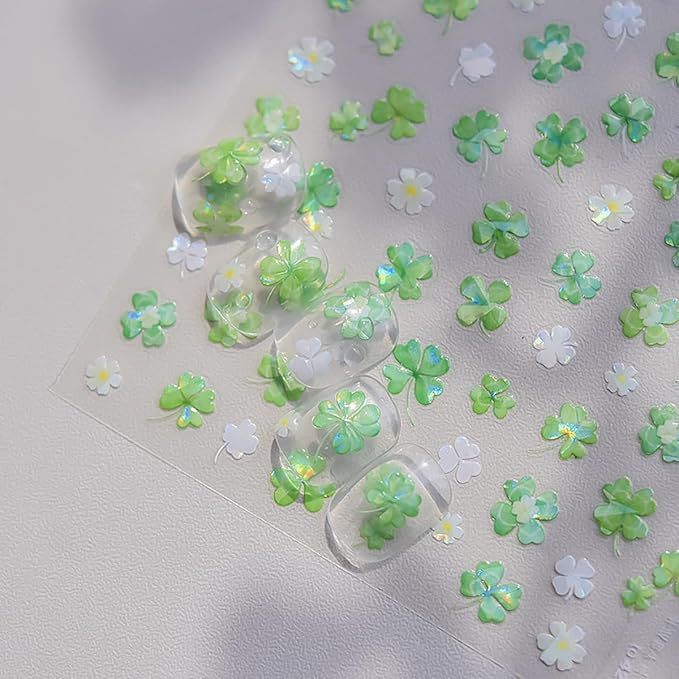 1Sheet St. Patrick's Day Nail Stickers 5D Self-Adhesive Holographic Shamrock Nail Art Stickers Spring Nail Art Decoration Four Leaf Clover Nail Decals Lucky Irish Nail Design Supplies for Women