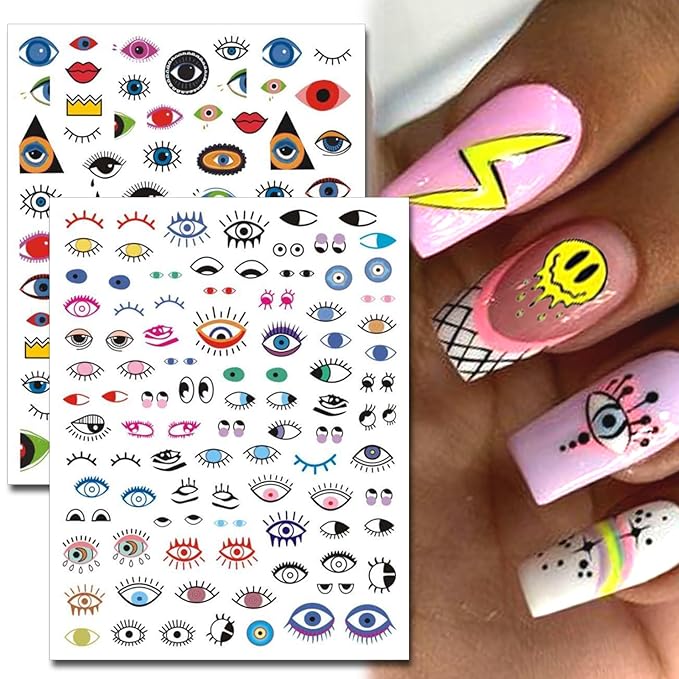 12 Sheets Abstract Smiling Face & Evil Eye Nail Art Stickers, Summer 3D Funny Dripping Melting Smile Self-Adhesive Designs Nail Decals