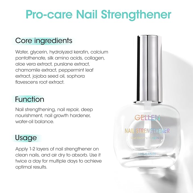 GELLEN Nail Strengthener, 8-In-1 Pro Care Strengthens & Protects Nails Growth Calcium Keratin Active Nourish Nail Repair Growth Treatment for Weak Nails, Air Dry Clear, Non-Polish, 15ml Unscented
