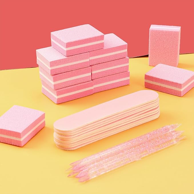 40 Sets Professional Manicure Press On Nail Tool Kit, Pink Disposable Manicure Nail Supplies kit with Mini Nail File,Mini Nail Buffer,Nail Stick