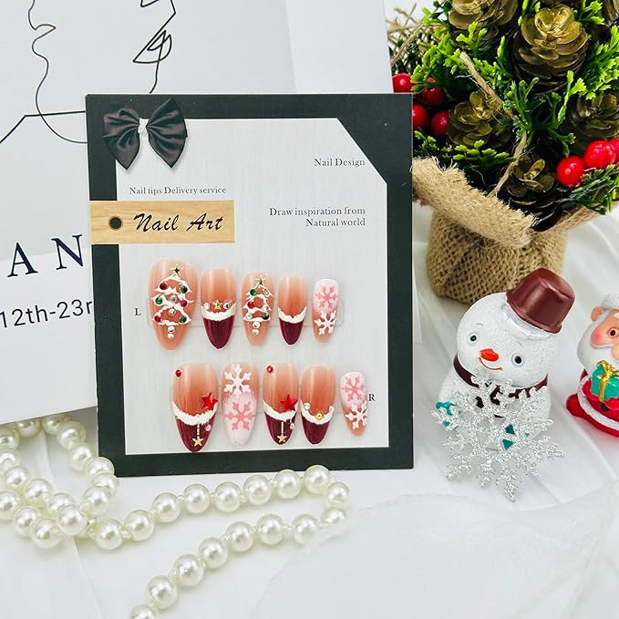 Christmas Press on Nails Medium Almond French Tip Fake Nails Xmas Tree Stick On Nails with 3d Star Pearl Rhinestones Designs Winter Snowflake Full Cover False Nails for Women Manicure Decoration 24pcs