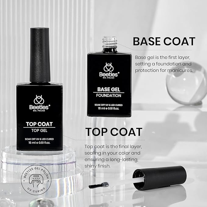 Beetles 4 Pcs 15ml Gel Top Coat and Base Coat Set with Nail Dehydrator and Primer Professional Nail Prep Acid-Free & Hema-Free Dehydrate Bond Primer Set for Acrylic & Gel Nail Polish Nail Gifts