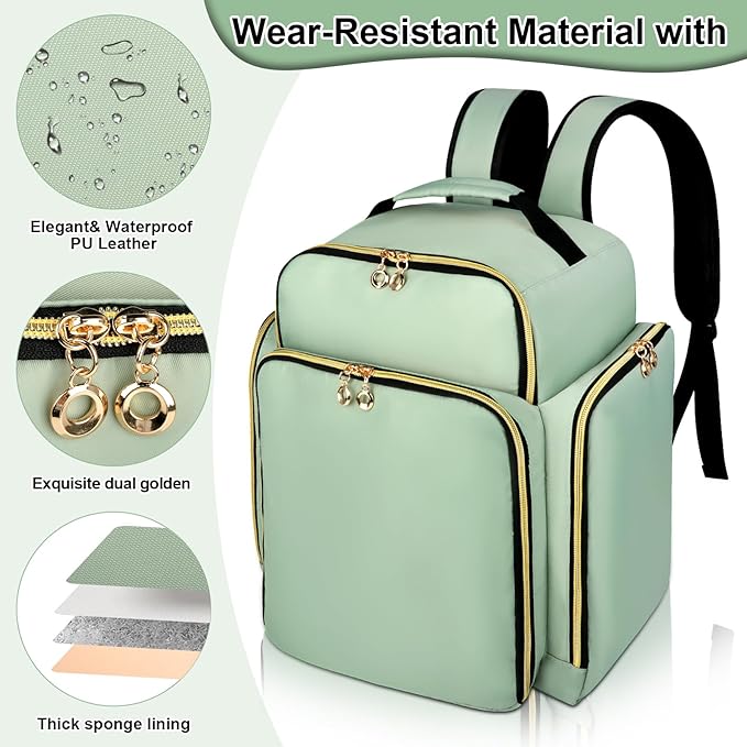 Nail Polish Organizer Backpack Holds 126 Bottles& Nail Lamp, Extra Large Nail Kit Supplies Organizer Bag with 3 Removable Cases, Portable Nail Organizers and Storage for Travel (Green)